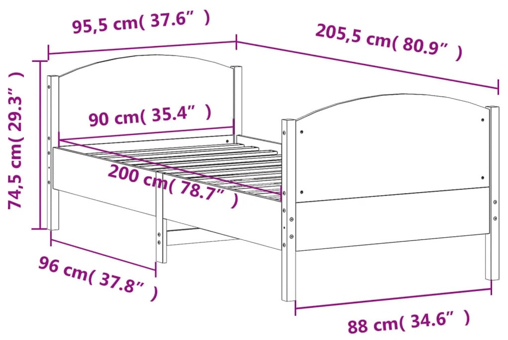 Estrutura de cama com cabeceira 90x200 cm pinho maciço branco