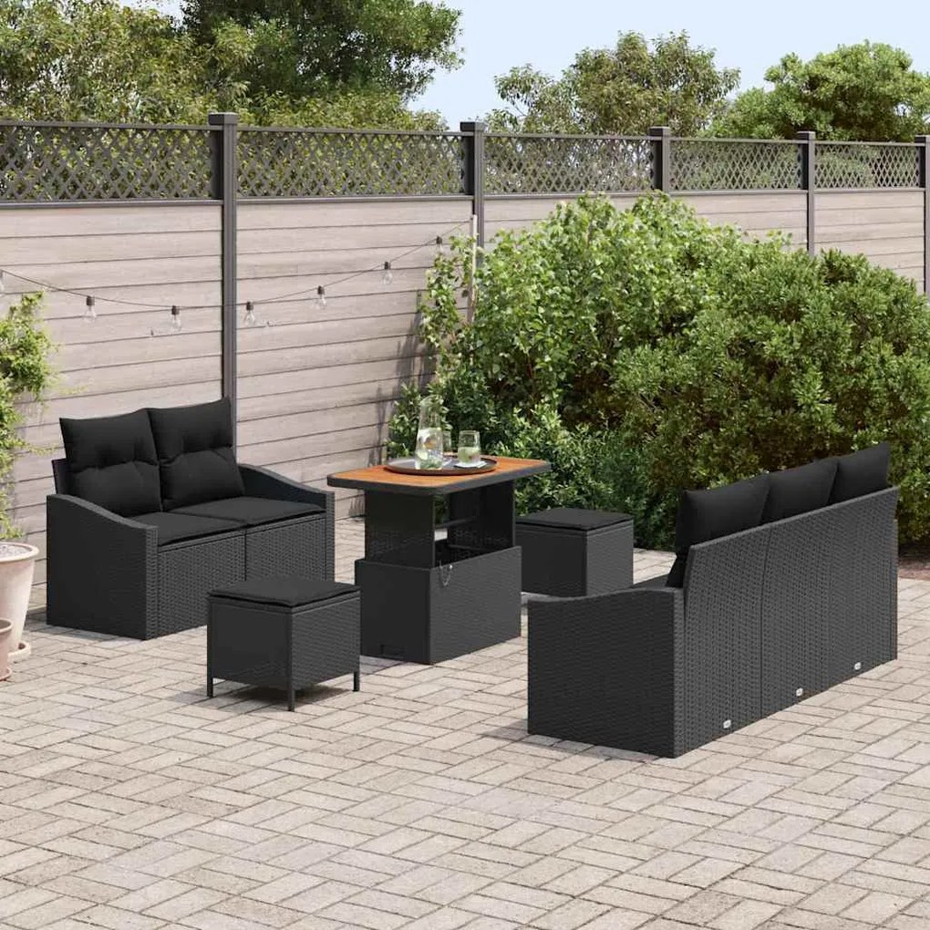 Conjunto de Sofá de Jardim vidaXL 8 Peças com Almofadas Preto Rattan d