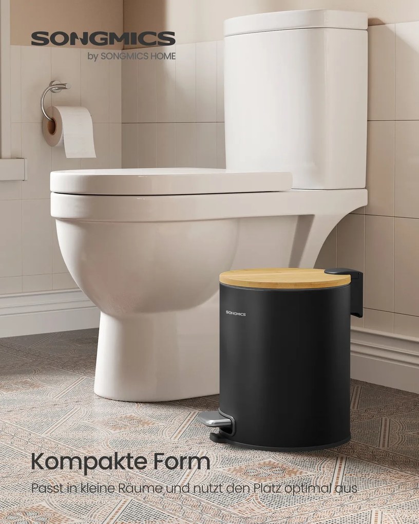 Caixote lixo casa de banho de 6 litros com tampa e pedal silencioso, preto