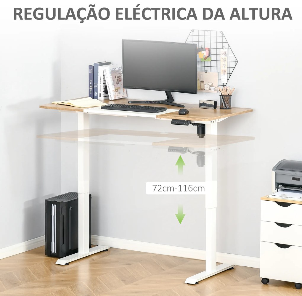 Secretária Elétrica de Pé com Ajuste Elétrico de Altura e 4 Teclas de Memória para Casa 140x70x72-116 cm Branco e Natural