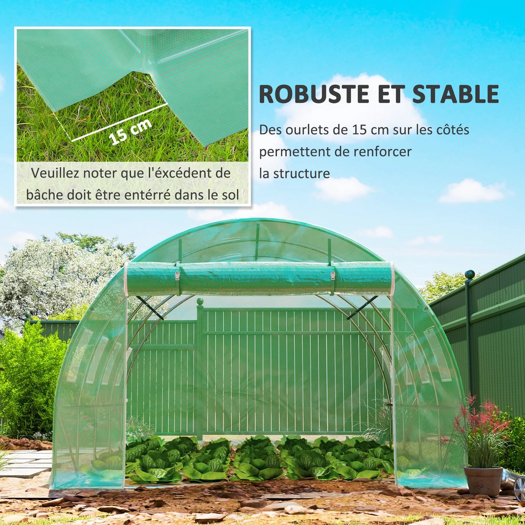 Lona de substituição para estufa em túnel de 12 m² (4 x 3 x 2 m) (ESTRUTURA NÃO INCLUIDA), PE anti-UV, impermeável, com 8 janelas + porta enrolável co