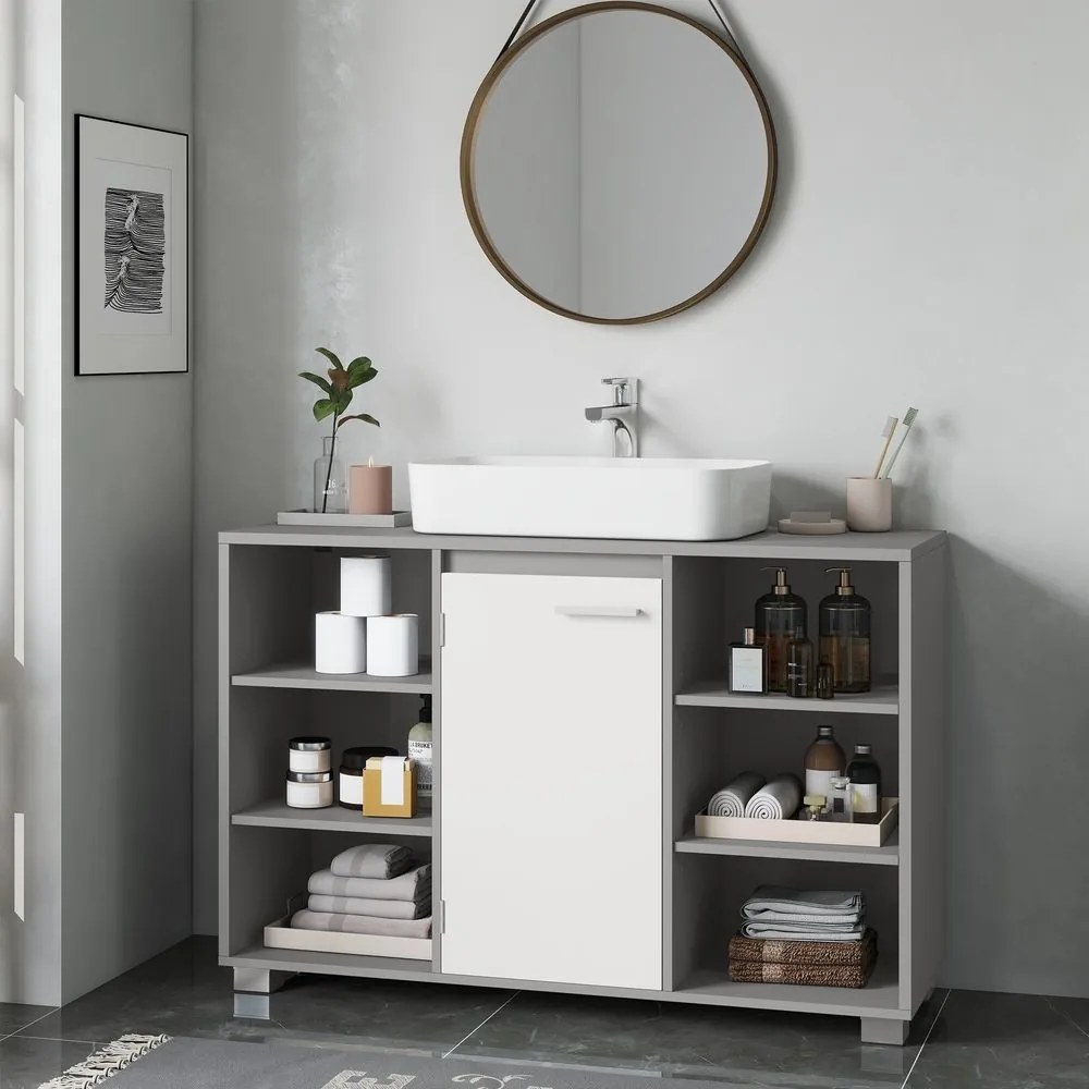 Armário de casa de banho 30 x 90 x 60 cm para lavatório (NÃO INCLUIDO), com prateleiras ajustáveis e pés cinzento-branco