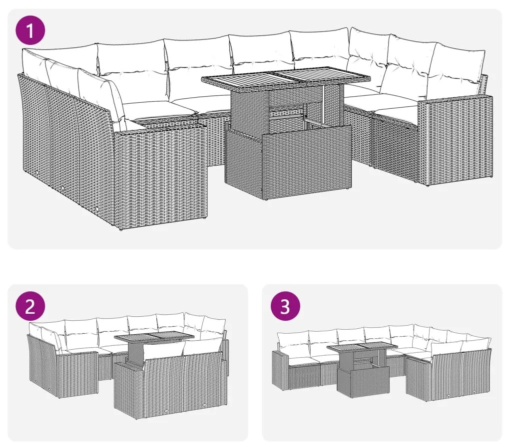 10 pcs conjunto sofás de jardim c/ almofadões vime PE preto