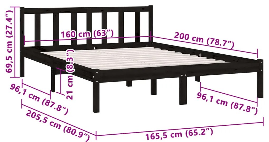 Estrutura de Cama Jane em Madeira de Pinho - 160x200 cm - Preto - Desi