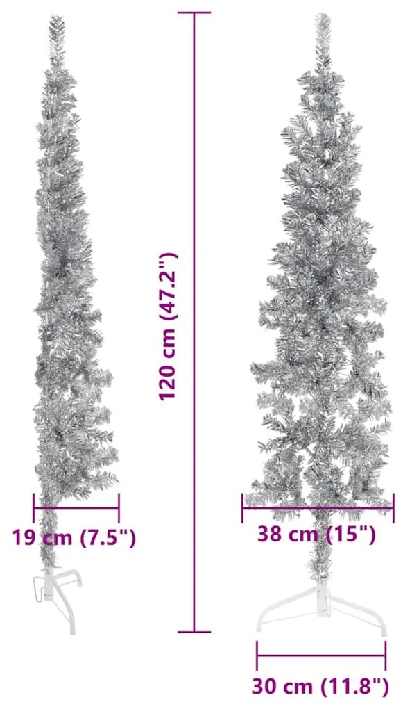 Meia árvore de Natal fina com suporte 120 cm prateado