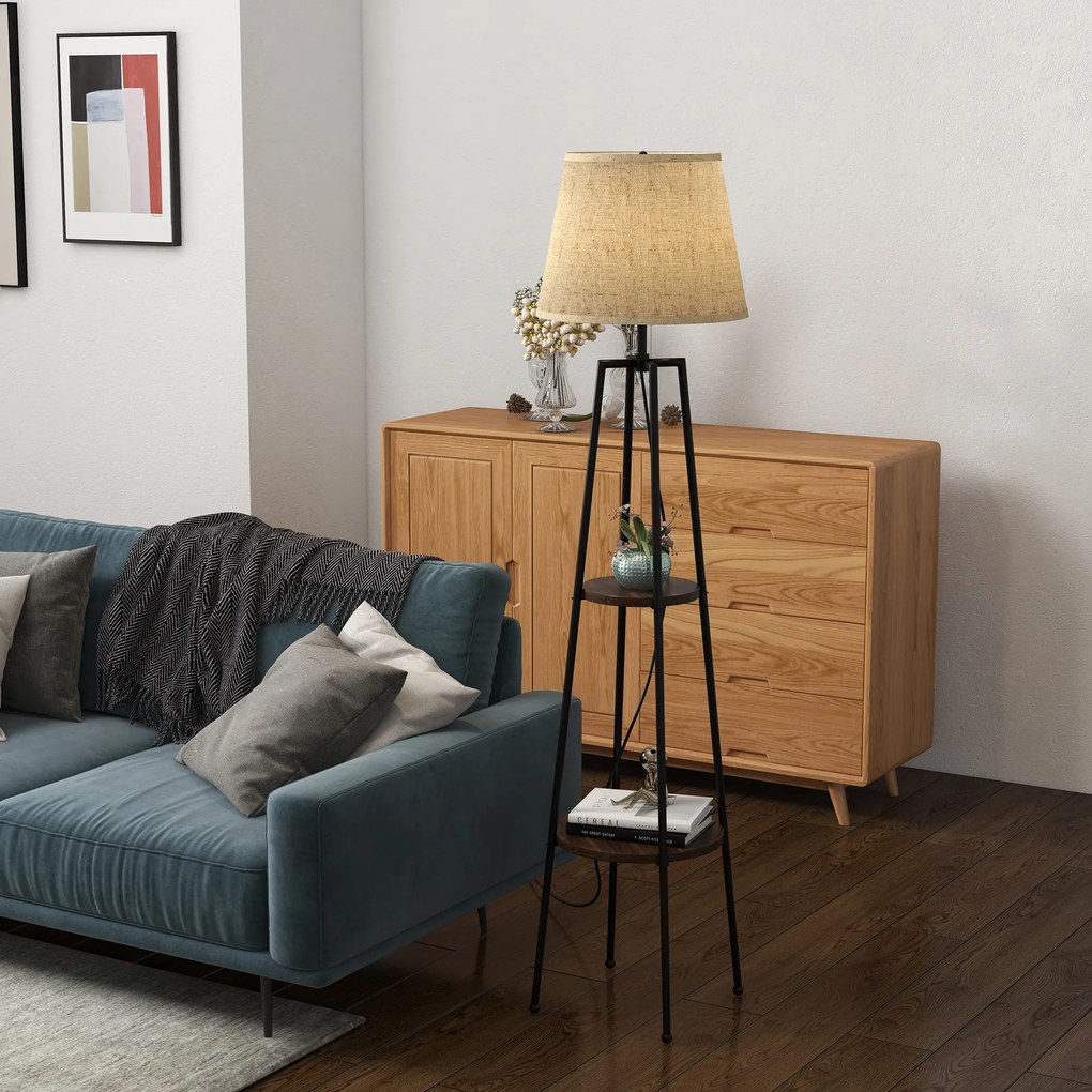 Candeeiro de pé com 2 prateleiras, casquilho E27, 40 W, interruptor de cordão, abajur em tecido, 42 x 42 x 166 cm, preto e castanho