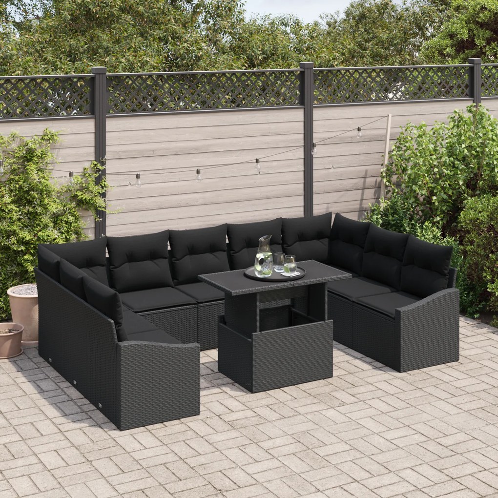 Conjunto de Sofá de Jardim com 10 Peças e Almofadas Preto em Rattan