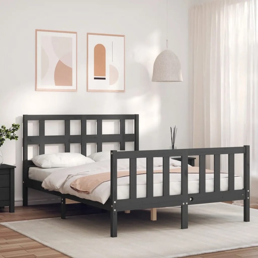 Estrutura de cama de casal c/ cabeceira madeira maciça cinzento