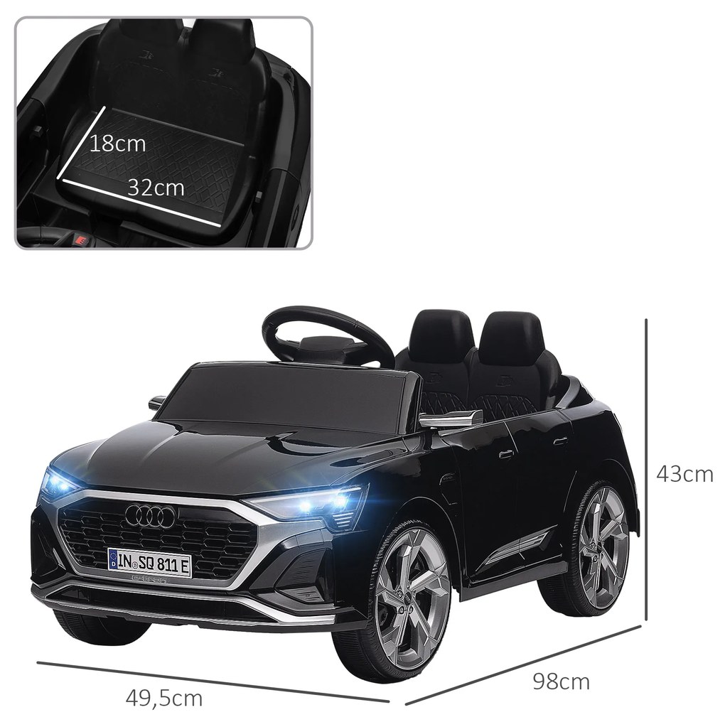 Carro Elétrico para Crianças Carro Audi Q8 Etron Sportback Infantil 12V Faróis Buzina e Música 98x49,5x43 cm Preto