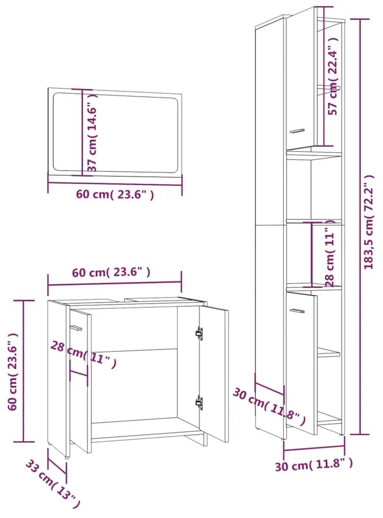 3 pcs Conjunto móveis casa de banho madeira proc. cinza sonoma