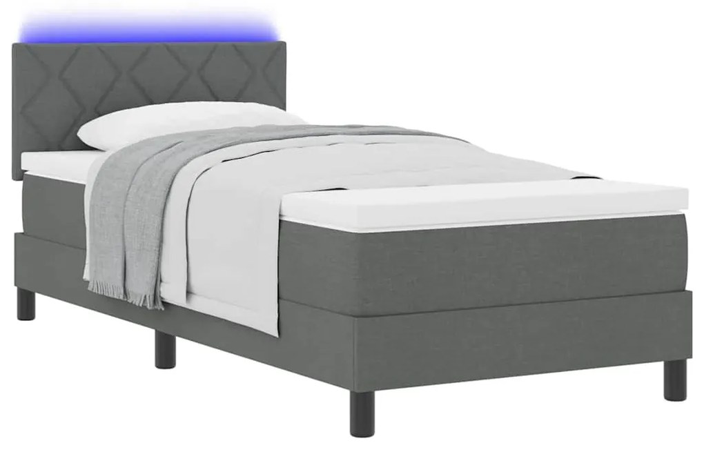 Cama Box Spring com Colchão &amp; LED Cinza Escuro 90x200 cm Tecido