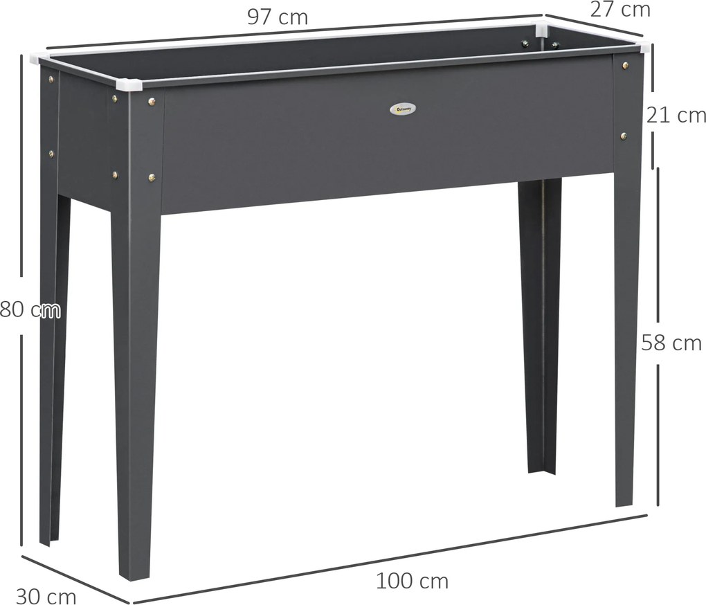 Floreira com pés 100 x 30 x 80 cm, para horta, com orifício de drenagem, em aço galvanizado, ,cinzenta