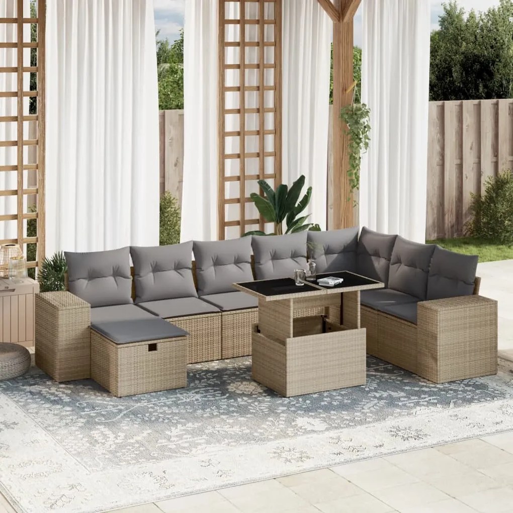 9 pcs conjunto de sofás p/ jardim com almofadões vime PE bege