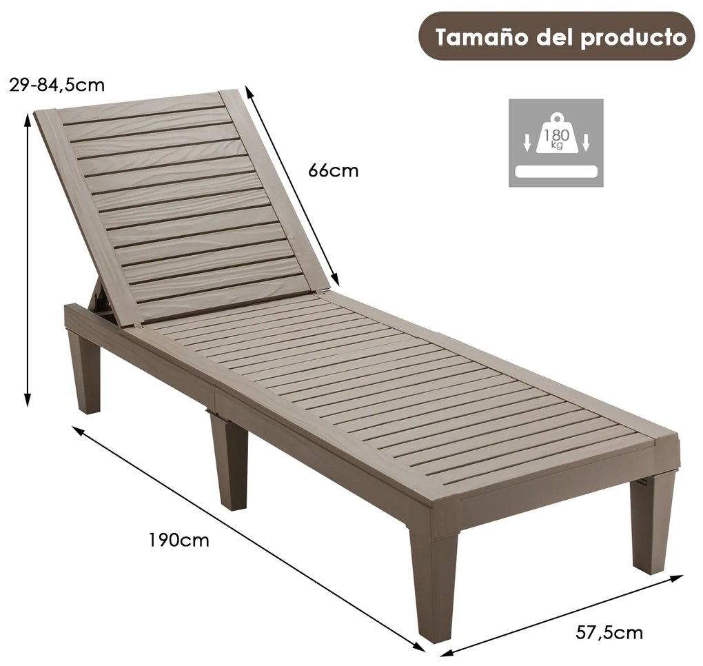 Espreguiçadeira de jardim para exterior com encosto ajustável em 5 posições para varanda Praia Piscina 190 x 57,5 x 29 cm Castanha