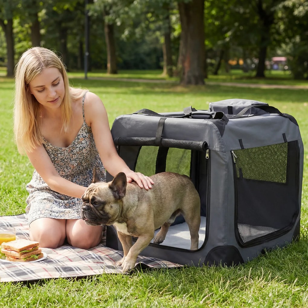 Transportadora dobrável tamanho L 83,5 x 58 x 58 cm para animais de estimação, com janelas de rede, 3 portas, cama felpuda e bolsos removíveis, para u