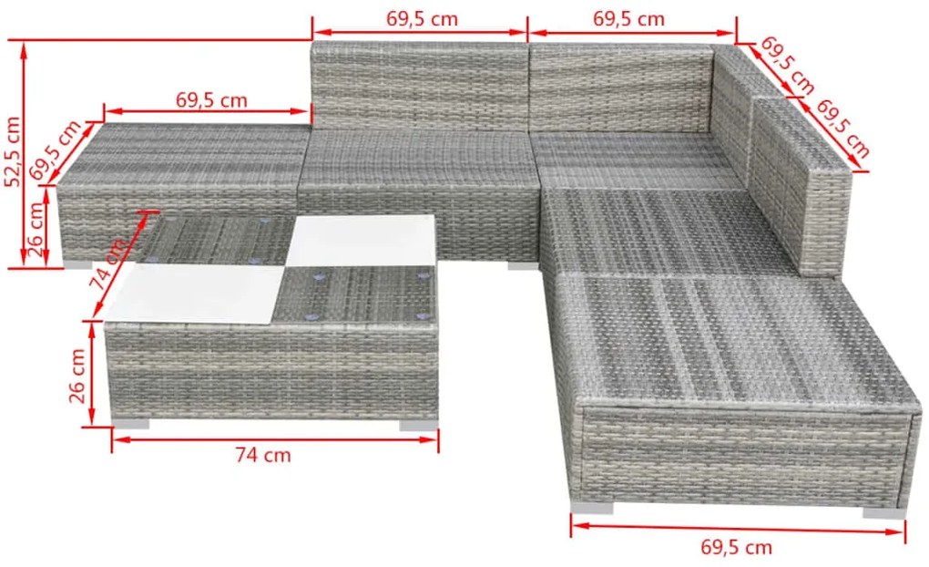 6 pcs conjunto lounge de jardim c/ almofadões vime PE cinzento