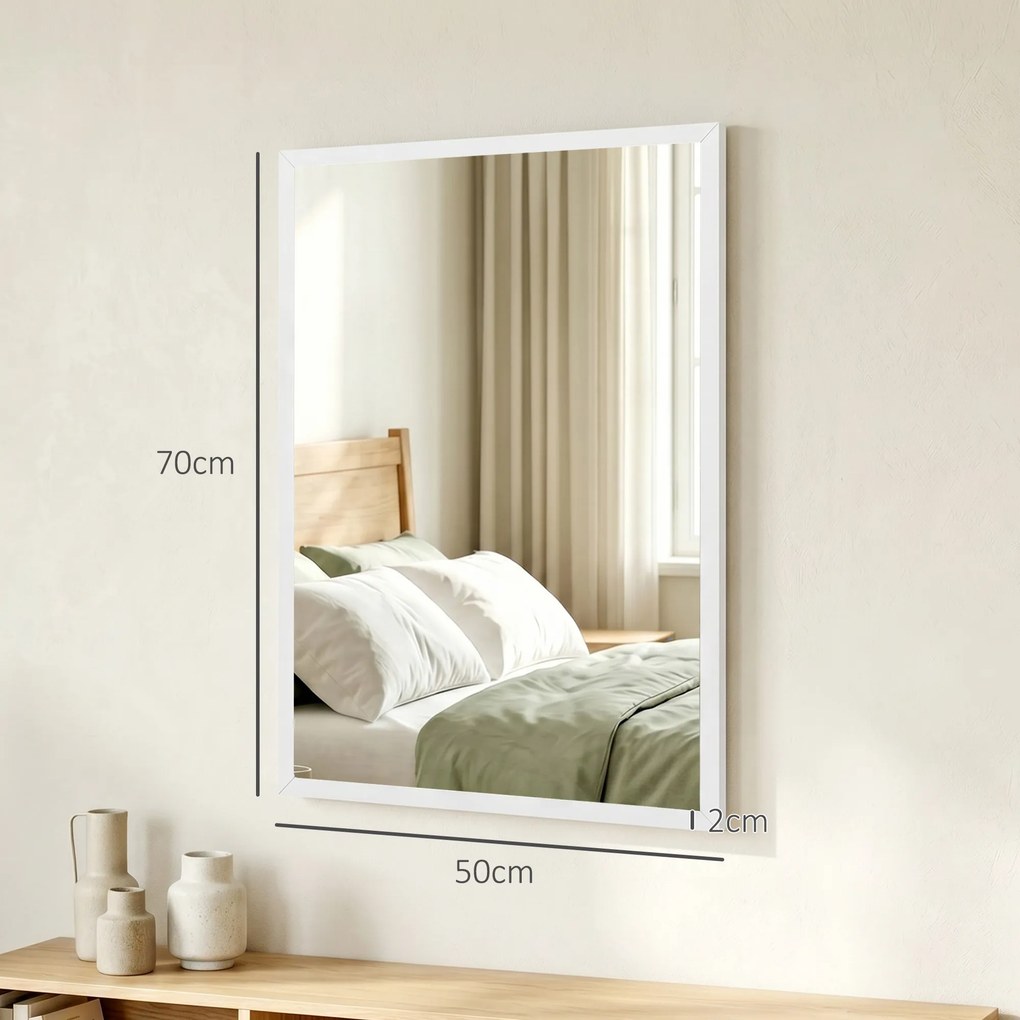 Espelho de Parede Decorativo 50x70 cm Espelho Retangular Espelho de Sala com 4 Ganchos Metálicos Estilo Moderno Branco