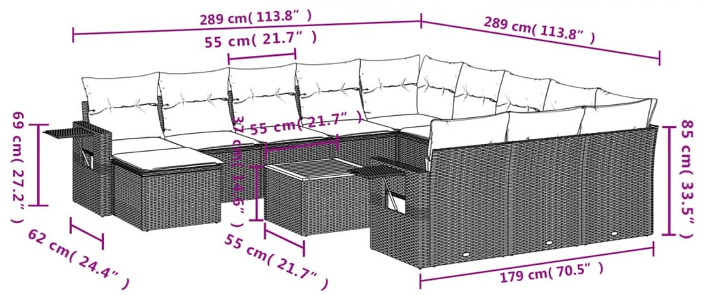 13 pcs conjunto de sofás p/ jardim com almofadões vime PE bege