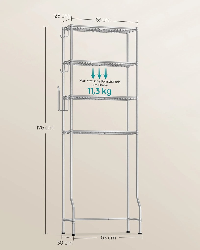 Prateleira de sanita de 4 níveis com ganchos economizadora de espaço em 30 x 63 x 176 cm cinzento