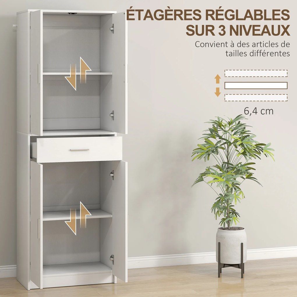 Armário de cozinha moderno com portas 60 x 35 x 180 cm, prateleiras ajustáveis e gaveta, branco