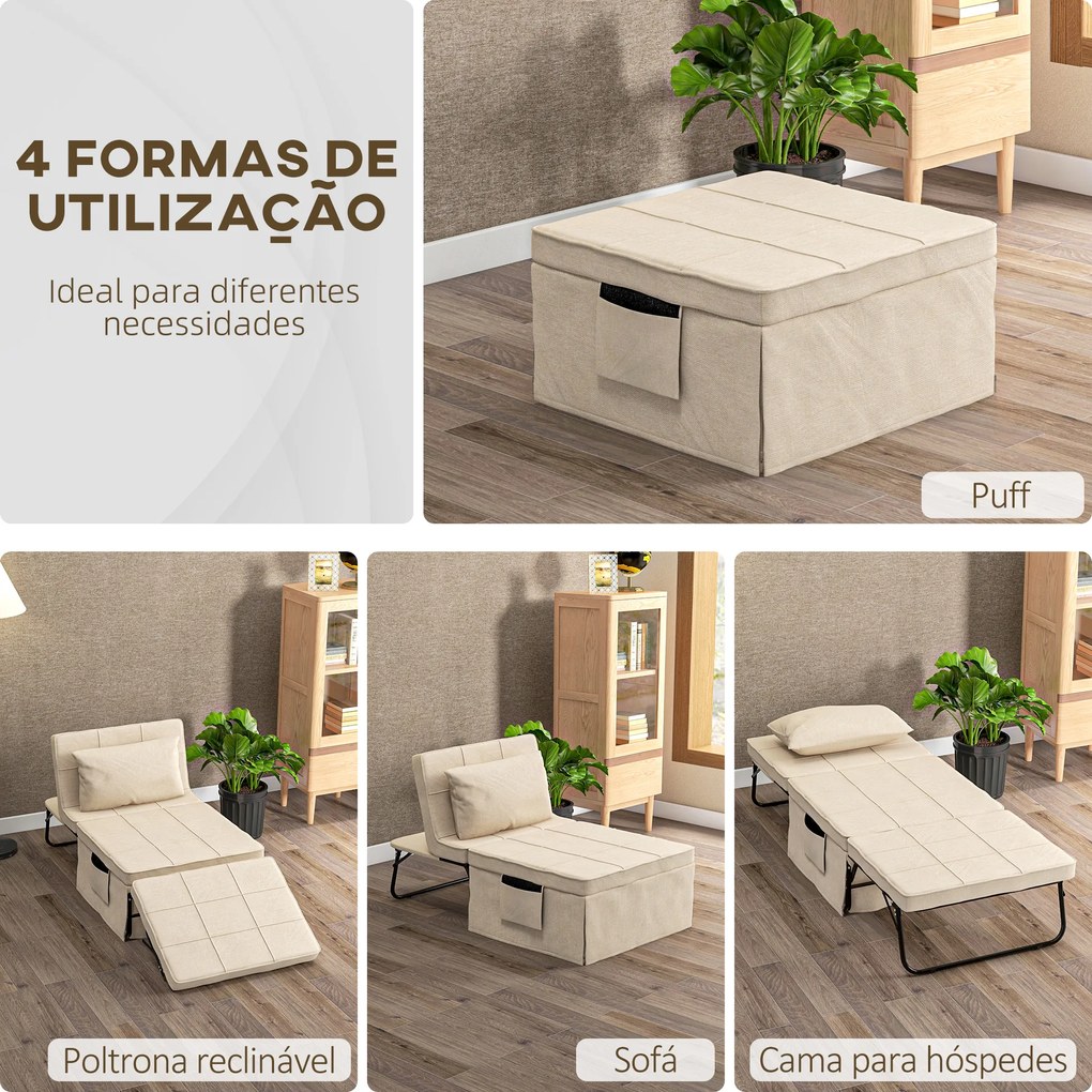 Sofá Cama 4 em 1 Estofado em Linho com Encosto Ajustável em 5 Níveis e Almofada Acolchoada 75x80x74 cm Creme