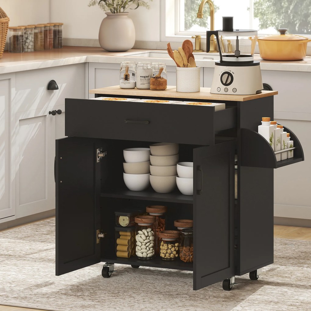Carrinho de cozinha 105 x 36 x 85 cm em ilha com múltiplas opções de arrumação: gavetas, armário de 2 portas com prateleira ajustável, preto