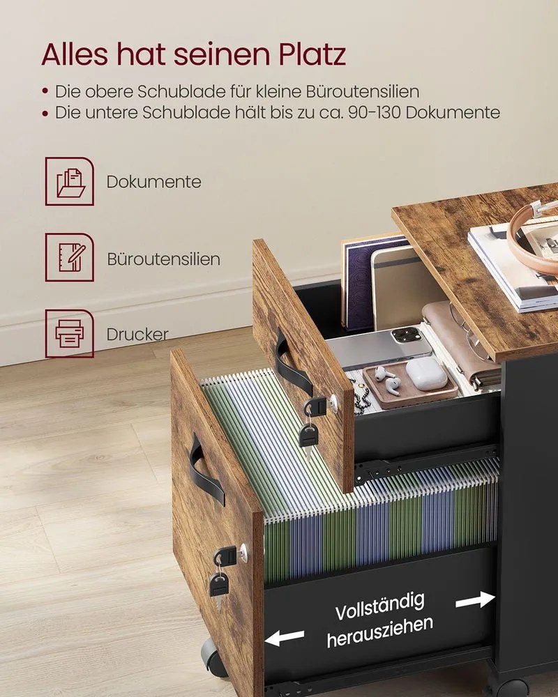 Móvel Arquivo escritório43,8 x 40 x 54,4 cm com 2 gavetas e 5 Rodas Preto e castanho-escuro