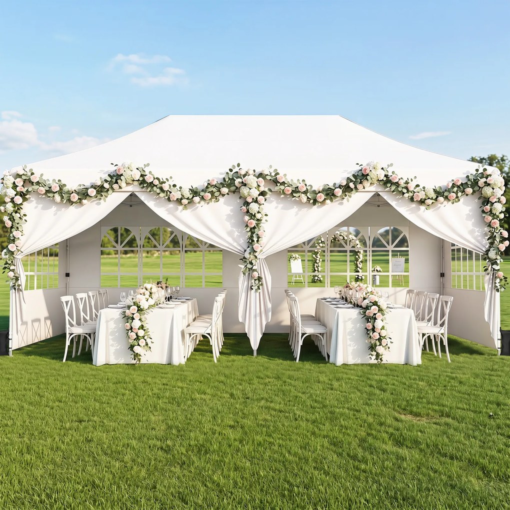 Tenda de Jardim Dobrável com 6 pesos, 600 x 300 x 310 cm, 4 Paredes Laterais Removíveis, Branco