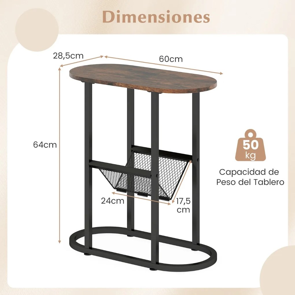 Mesa apoio, mesa de cabeçeira Estreita 60 x 28,5 x 64 cm com Suporte para Revistas Estrutura Metálica Castanho rústico