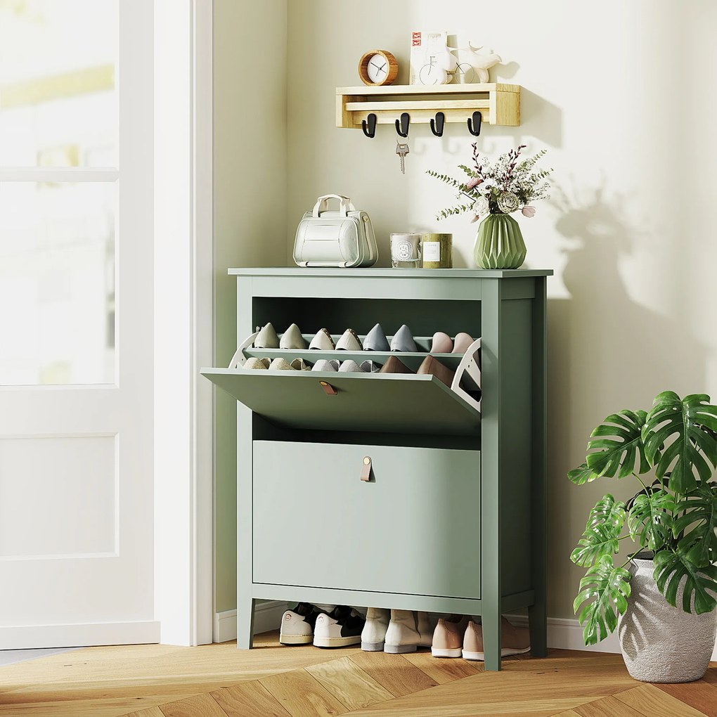 Sapateira com capacidade para 14 pares 80 x 24 x 95,5 cm, com 2 gavetas rebatíveis, prateleiras removíveis e ajustáveis, verde
