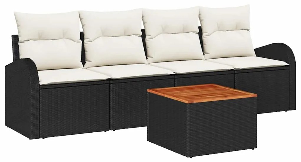 Conjunto de Sofá de Jardim 5 Peças com Almofadas Pretas, Rattan, Polié