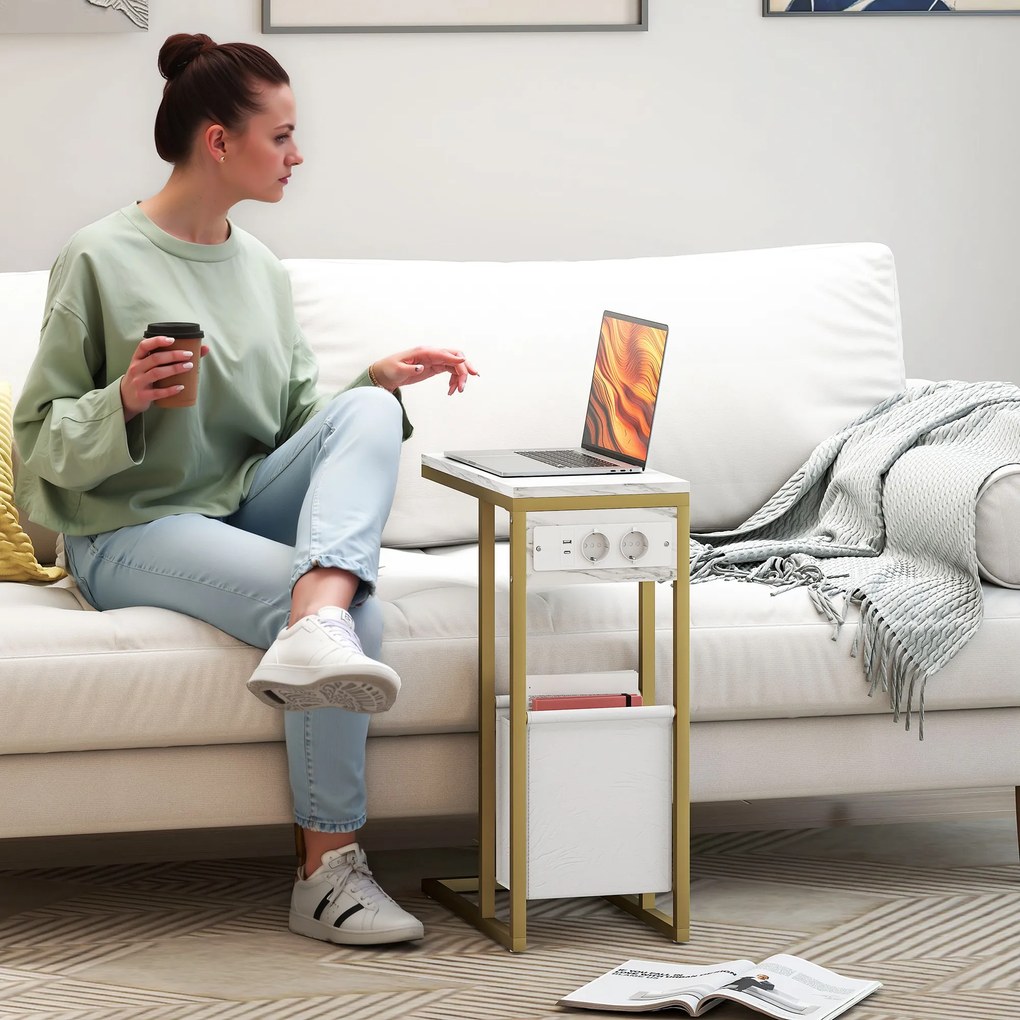 Mesa auxiliar em forma de C com estação de carregamento, saco de arrumação em tecido e tampo com efeito de mármore, 46 x 25 x 62,5 cm, branco e dourad