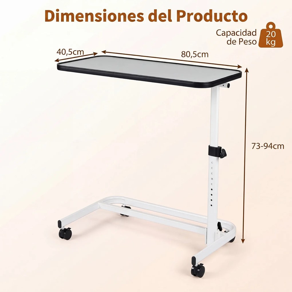 Mesa Auxiliar em Forma de C para Sofá e Cama, 80,5 x 40,5 x 73-94 cm, Altura Ajustável em 9 Níveis, Branco