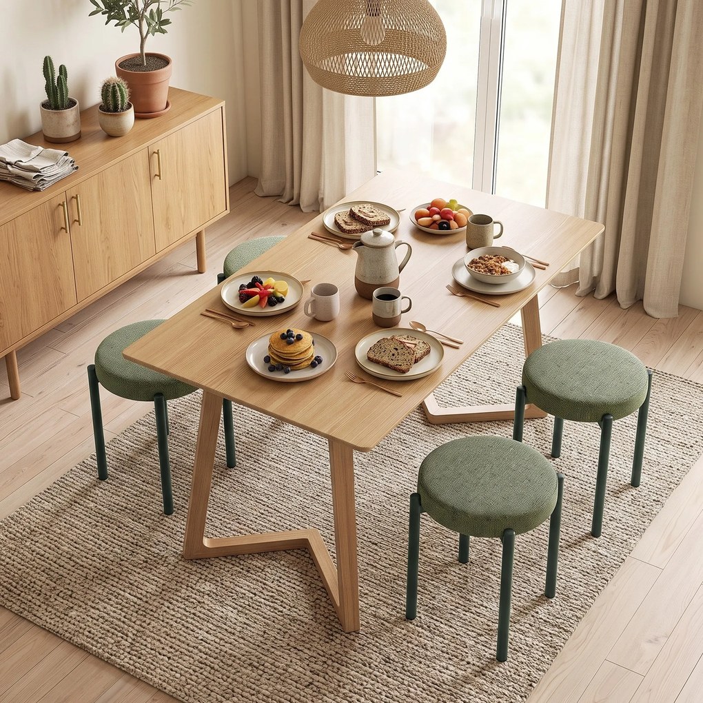 Conjunto de 4 Bancos Redondos Empilháveis (MESA NÃO INCLUIDA), 45 x 45 x 47,5 cm, Assento Estofado, Verde Escuro