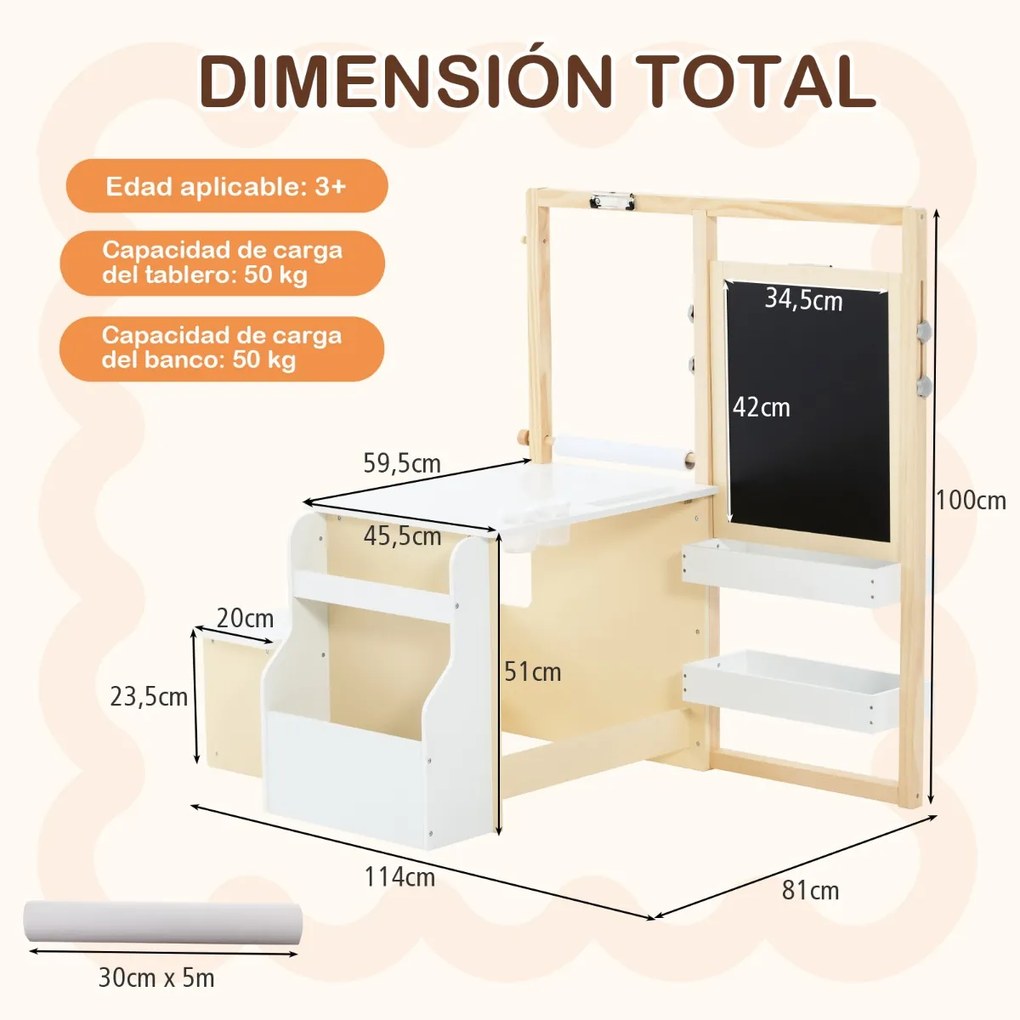 Conjunto de mesa e banco de arte para crianças com cavalete ajustável de dupla face, quadro magnético e rolo de papel substituível Branco