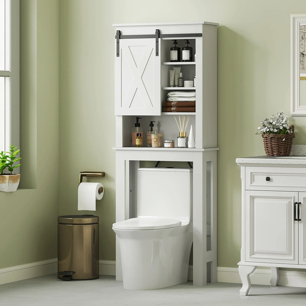 Móvel sobre Sanita com Porta de Correr Estilo Celeiro e 6 Compartimentos Móvel Casa de Banho Rústico 67x25x172 cm Branco