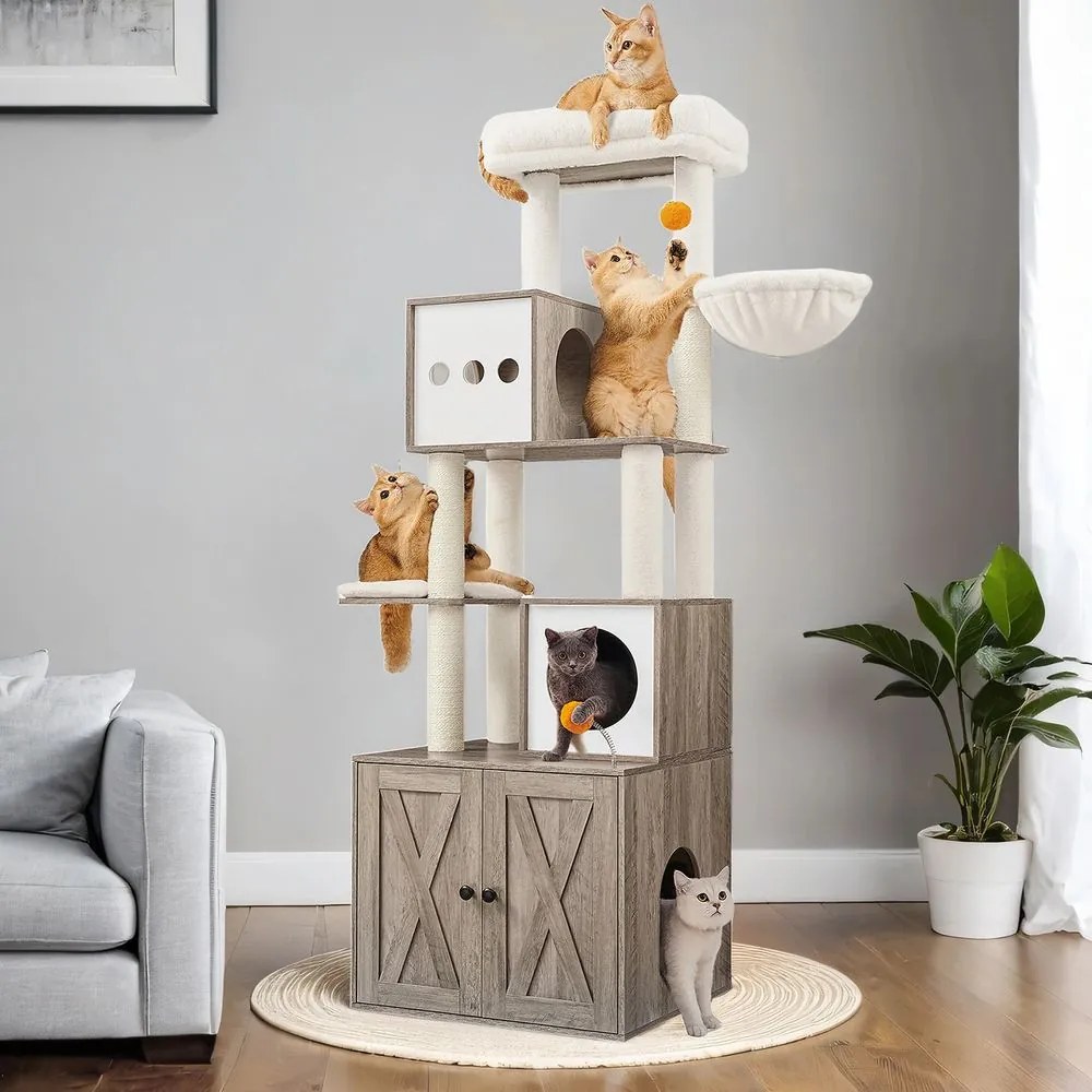 Arranhador para gatos 2 em 1 com caixa de areia 60 x 52 x 185 cm (C x L x A) Greige