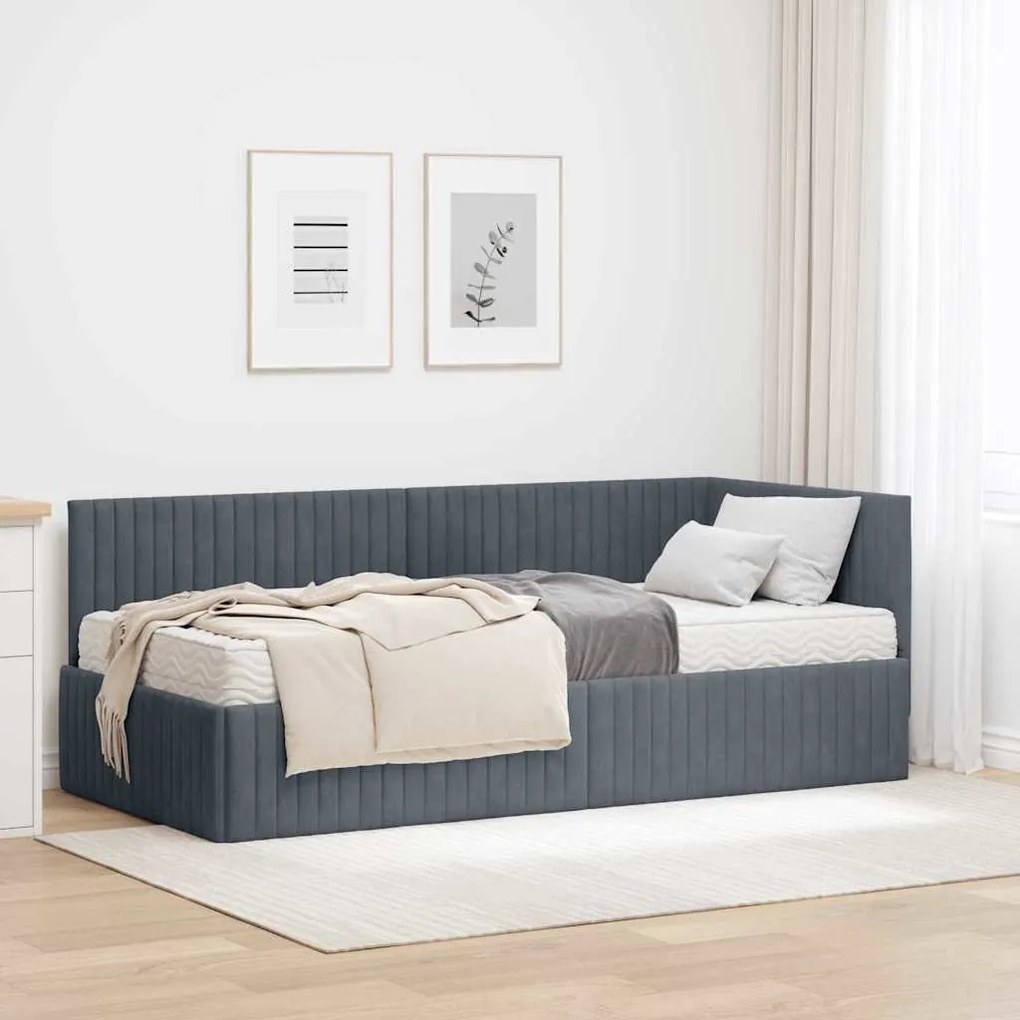 vidaXL Estrutura de Cama de Canto com Colchão 2 pcs Cinzeto Veludo