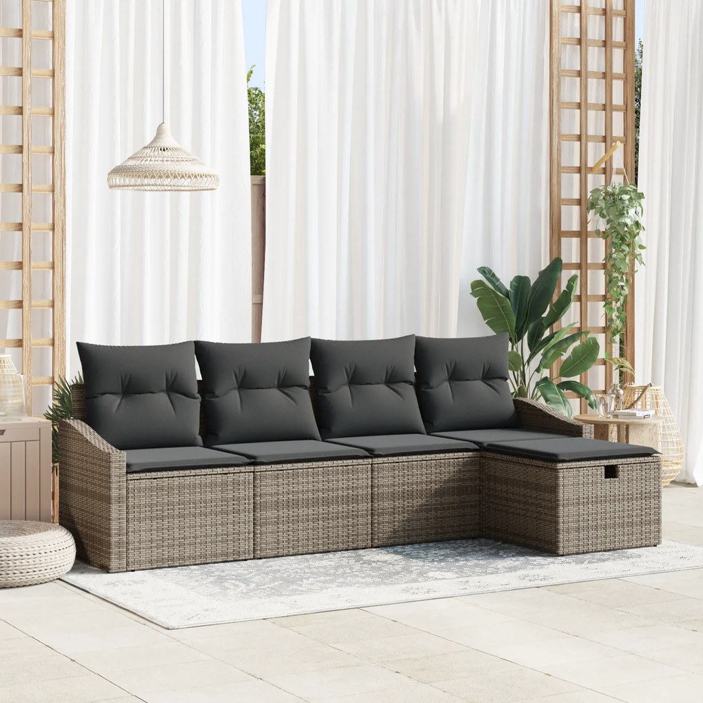 Conjunto de Sofá de Jardim de 5 Peças com Almofadas Cinza Polyrattan