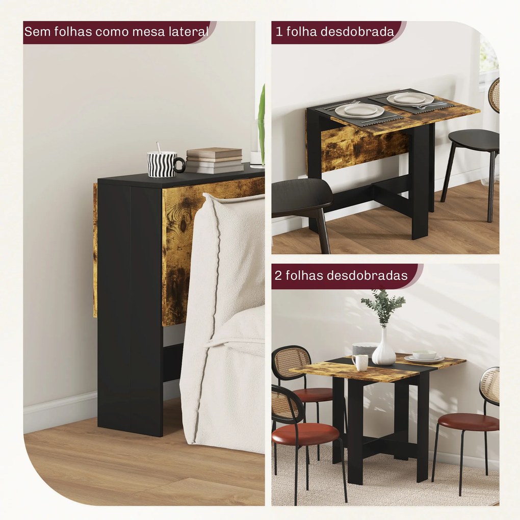 Mesa Dobrável de Jantar e Cozinha (CADEIRAS NÃO INCLUIDAS) com Abas Rebatíveis para Espaços Pequenos 103x76x73,5 cm Preto e Castanho Rústico