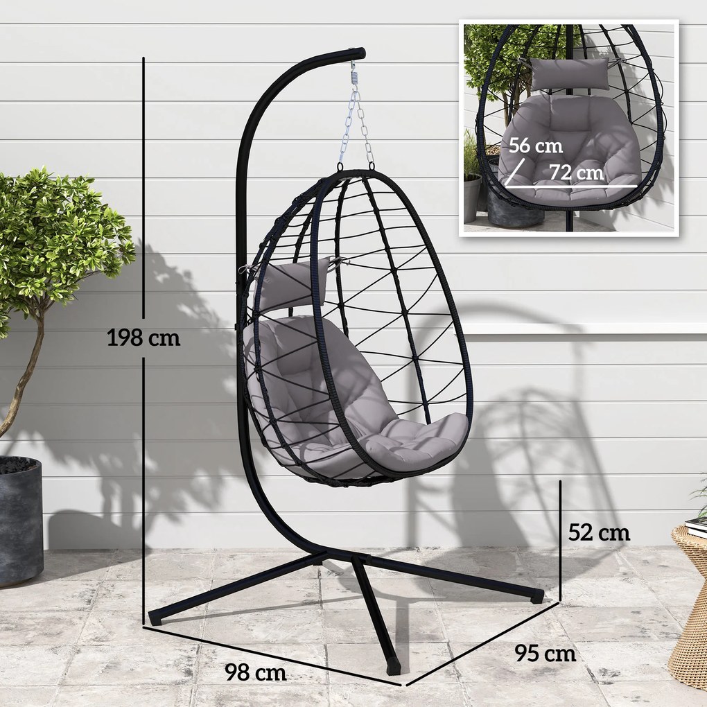 Cadeira Suspensa com Suporte Baloiço Jardim com Cesto Dobrável Almofada e Apoio de Cabeça 98x95x198 cm Cinzento