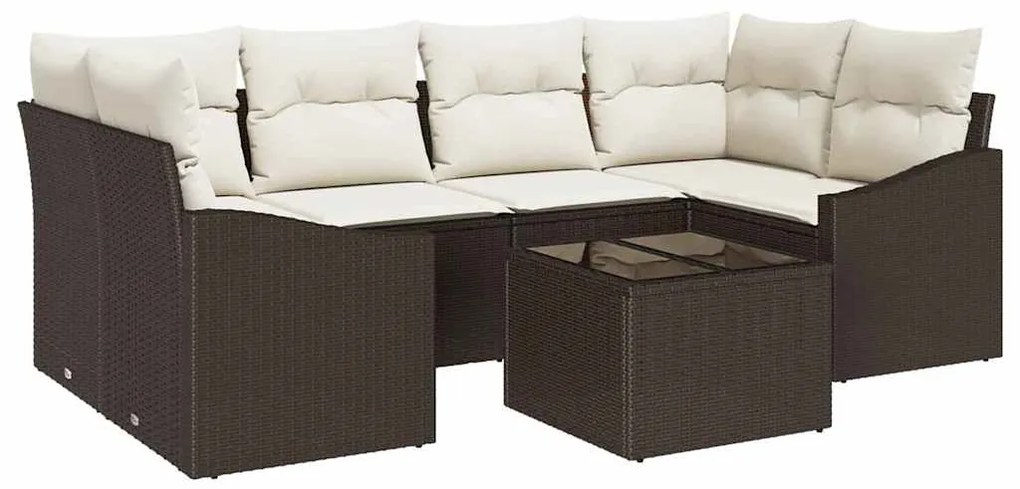 Conjunto de jantar de jardim de 7 peças com almofadas de ratan marrons