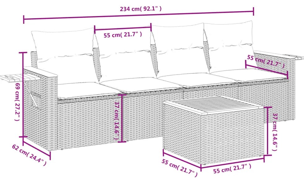 5 pcs conjunto de sofás p/ jardim c/ almofadões vime PE preto