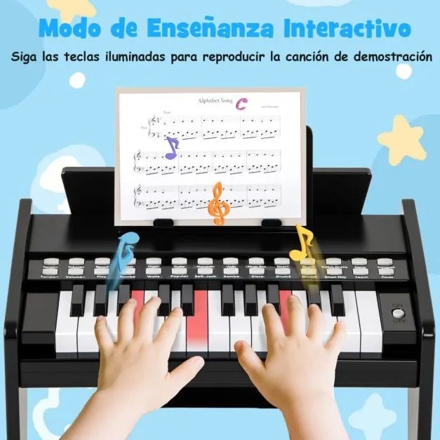 Teclado de piano para crianças 38 x 23 x 27 cm com 25 teclas digital em madeira com velocidade e volume ajustáveis Modo de ensino Preto