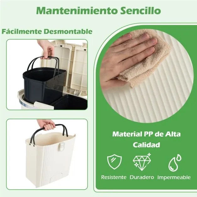 Caixote do lixo de 38 L com duas camadas, 2 caixotes removíveis, pedal e rodas para sala, cozinha e casa de banho, Bege