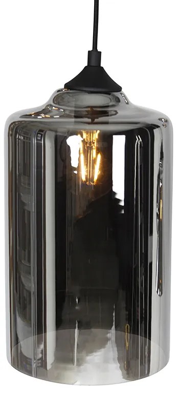 Candeeiro de suspensão Art Deco preto com vidro fumê 6-luzes - Wallace