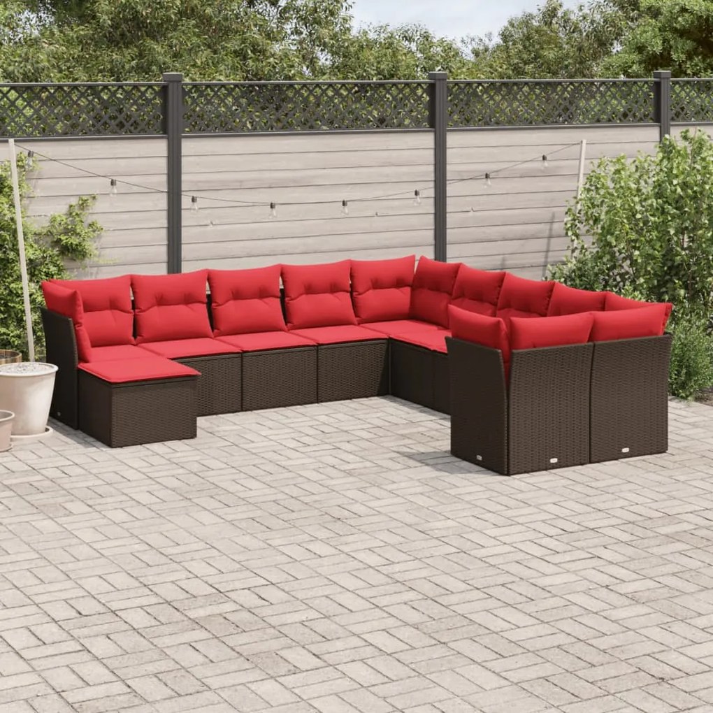 vidaXL 11 pcs conjunto sofás de jardim c/ almofadões vime PE castanho
