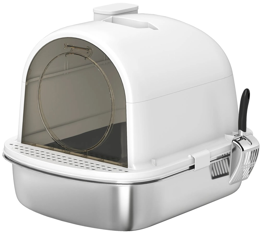 PawHut WC Gatos Caixa de Areia para Gatos em Aço Inoxidável com Tampa com Bolsa Desodorizante e Pá 52,4x41,3x39,9 cm Branco | Aosom Portugal