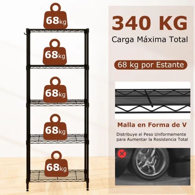 Estante metálica ajustável 59 x 34 x 150 cm de 5 níveis com grelha de arame com capacidade para 340 kg para casa, cozinha, garagem, escritório Preta