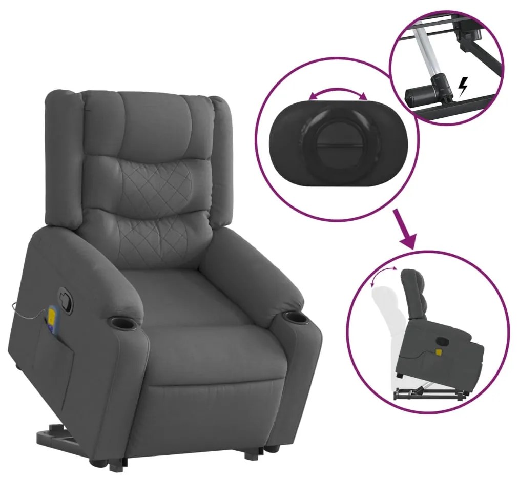 Poltrona elevatória de massagens tecido cinzento-escuro
